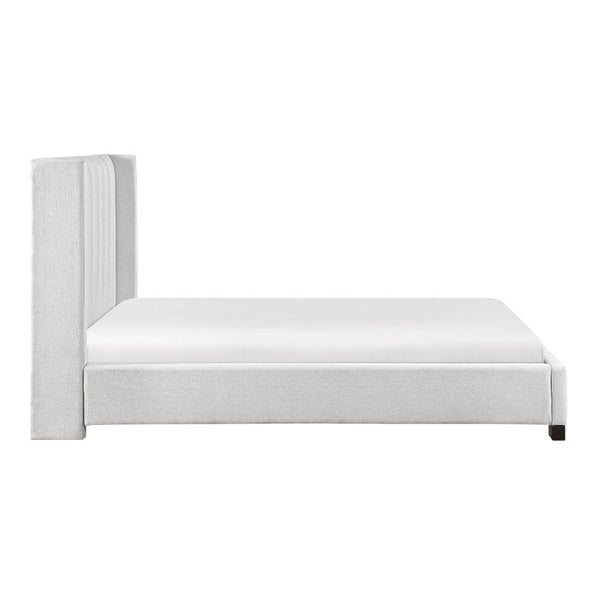 English Elm Bed Full Size Wingback Upholstered Frame with Channel Stitched Beige Polyester Fabric B011P572671