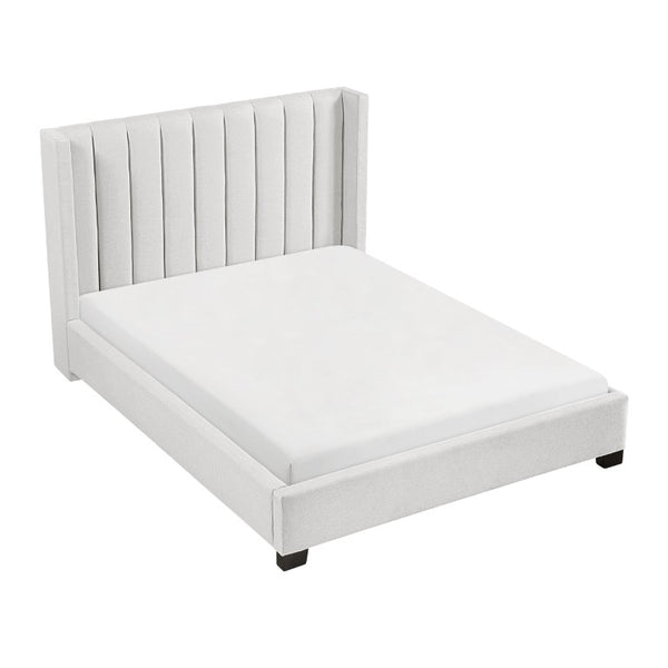 English Elm Bed Full Size Wingback Upholstered Frame with Channel Stitched Beige Polyester Fabric B011P572671