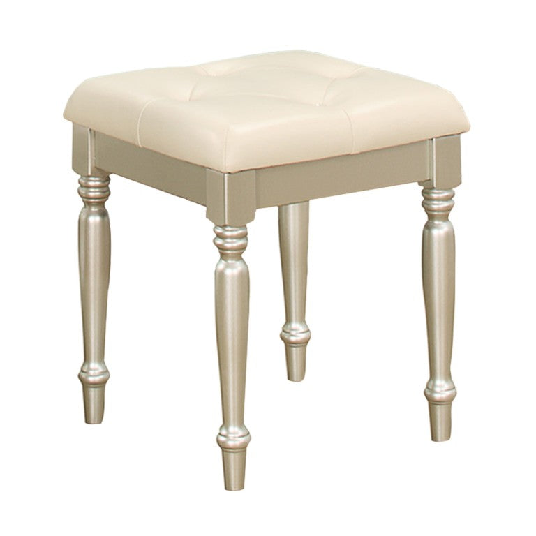 English Elm Dressing Stool Button Tufted Faux Leather Seat Silver Wood Frame Vanity Bench B011P572702