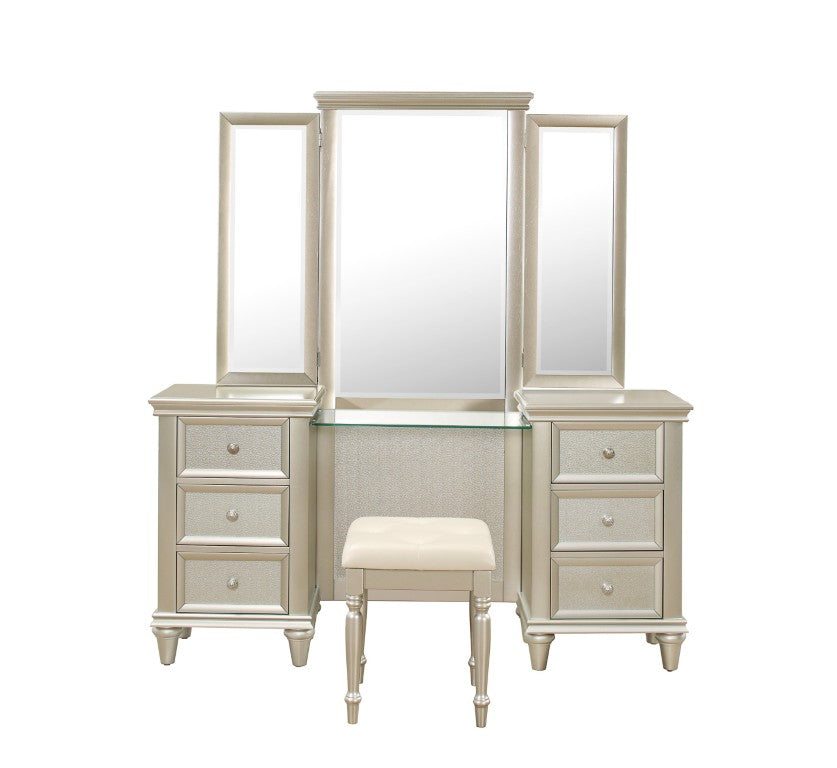 English Elm Dressing Stool Button Tufted Faux Leather Seat Silver Wood Frame Vanity Bench B011P572702