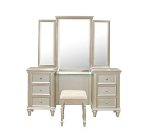English Elm Dressing Stool Button Tufted Faux Leather Seat Silver Wood Frame Vanity Bench B011P572702