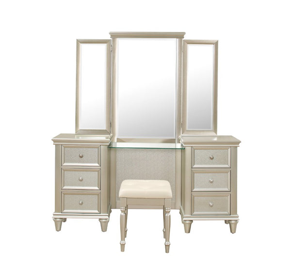 English Elm Dressing Stool Button Tufted Faux Leather Seat Silver Wood Frame Vanity Bench B011P572702