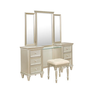 English Elm Dressing Stool Button Tufted Faux Leather Seat Silver Wood Frame Vanity Bench B011P572702