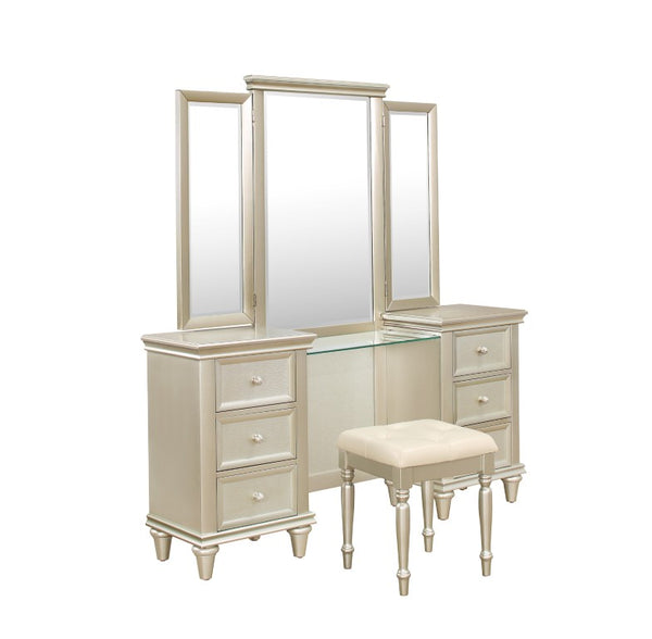English Elm Dressing Stool Button Tufted Faux Leather Seat Silver Wood Frame Vanity Bench B011P572702
