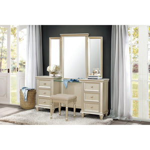 English Elm Dressing Stool Button Tufted Faux Leather Seat Silver Wood Frame Vanity Bench B011P572702