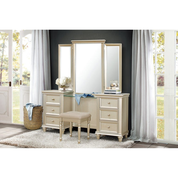 English Elm Dressing Stool Button Tufted Faux Leather Seat Silver Wood Frame Vanity Bench B011P572702