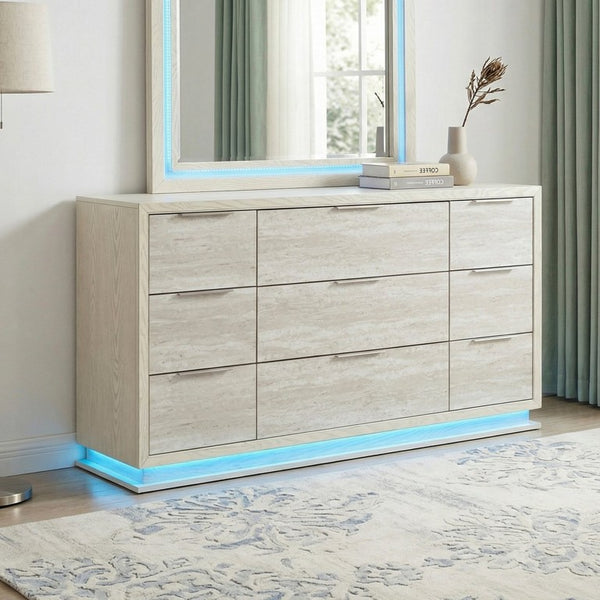 English Elm Dresser Nine Drawer Engineered Wood with LED Lighting Contemporary Bedroom Storage B011P572711