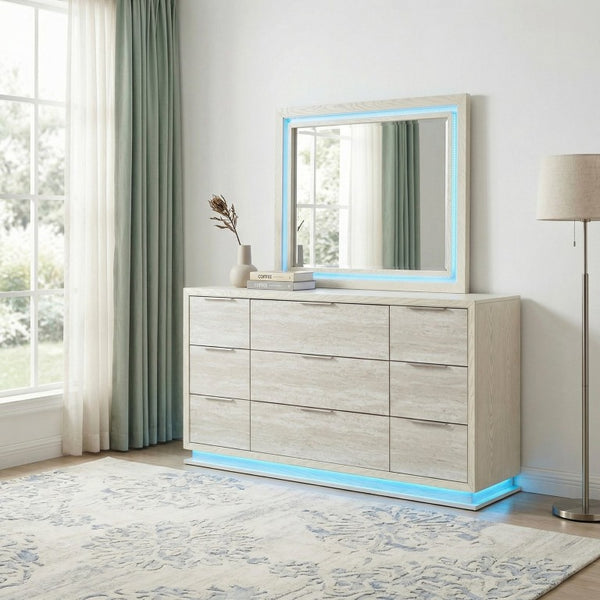 English Elm Dresser Nine Drawer Engineered Wood with LED Lighting Contemporary Bedroom Storage B011P572711