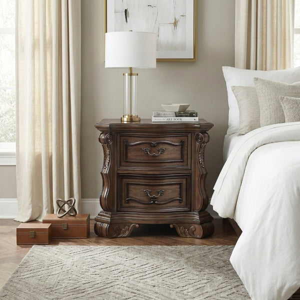 English Elm Nightstands Traditional Pecan Burl Veneer Pair with Gold Trim for Elegant Bedrooms B011P572716