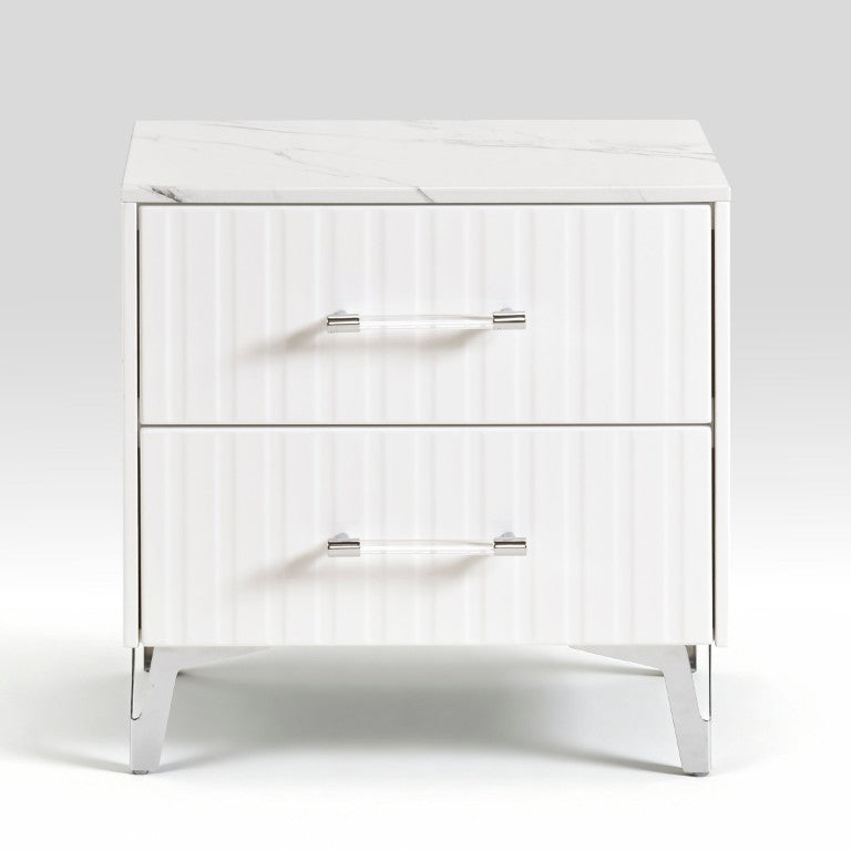 English Elm Nightstands with Faux Marble Tops Chrome Legs High Gloss White Glam Bedroom Set of Two B011P572727