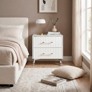 English Elm Nightstands with Faux Marble Tops Chrome Legs High Gloss White Glam Bedroom Set of Two B011P572727
