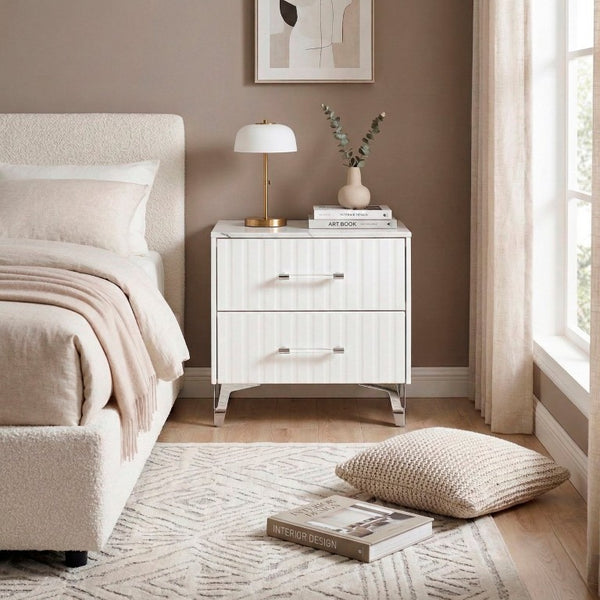 English Elm Nightstands with Faux Marble Tops Chrome Legs High Gloss White Glam Bedroom Set of Two B011P572727