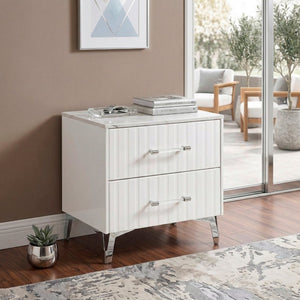 English Elm Nightstands with Faux Marble Tops Chrome Legs High Gloss White Glam Bedroom Set of Two B011P572727