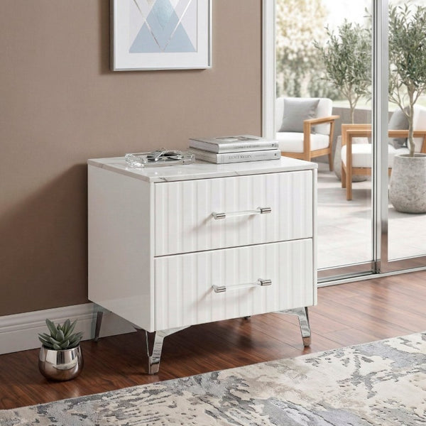 English Elm Nightstands with Faux Marble Tops Chrome Legs High Gloss White Glam Bedroom Set of Two B011P572727