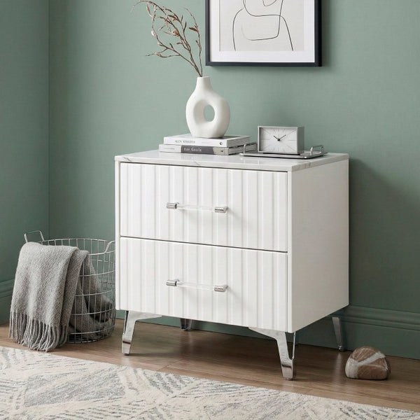English Elm Nightstands with Faux Marble Tops Chrome Legs High Gloss White Glam Bedroom Set of Two B011P572727