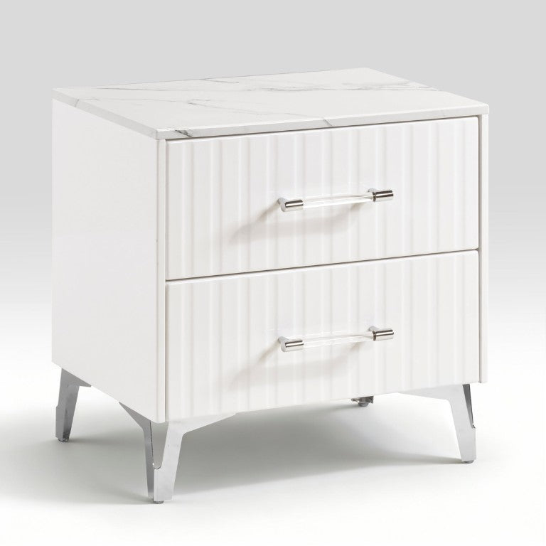 English Elm Nightstands with Faux Marble Tops Chrome Legs High Gloss White Glam Bedroom Set of Two B011P572727
