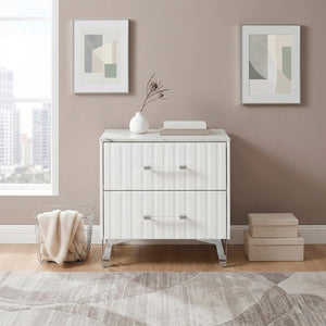 English Elm Nightstands with Faux Marble Tops Chrome Legs High Gloss White Glam Bedroom Set of Two B011P572727