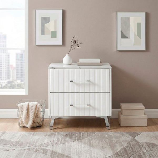 English Elm Nightstands with Faux Marble Tops Chrome Legs High Gloss White Glam Bedroom Set of Two B011P572727