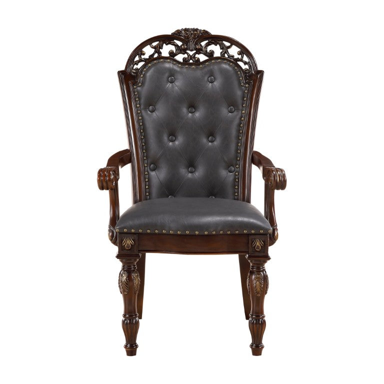 English Elm Arm Chairs Tufted Faux Leather Dining Set of Two with Carved Wood Nailhead Trim B011P572790