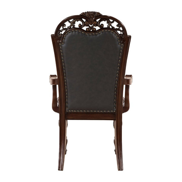 English Elm Arm Chairs Tufted Faux Leather Dining Set of Two with Carved Wood Nailhead Trim B011P572790