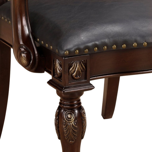 English Elm Arm Chairs Tufted Faux Leather Dining Set of Two with Carved Wood Nailhead Trim B011P572790