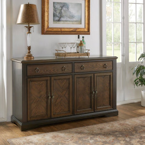 English Elm Server Buffet with Oak and Walnut Veneer Drawers Antique Brass Hardware Dining Room B011P572884