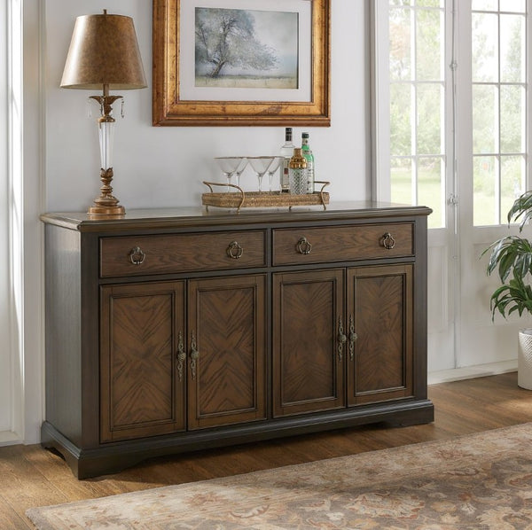English Elm Server Buffet with Oak and Walnut Veneer Drawers Antique Brass Hardware Dining Room B011P572884