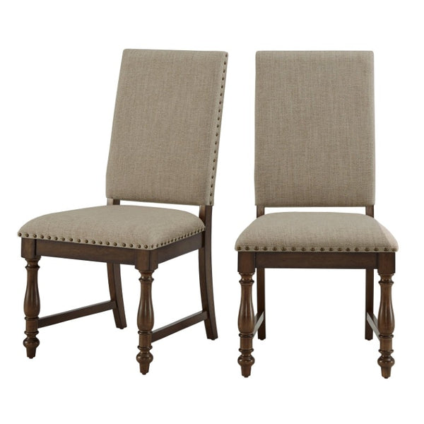 English Elm Side Dining Chairs Set of 8 Oak Veneer Frame Nailhead Trim Beige Upholstered Seats B011P572887