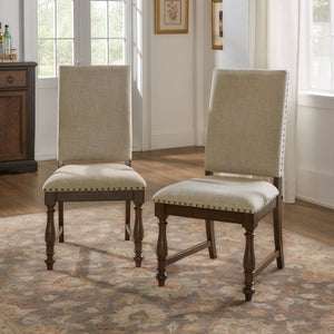 English Elm Side Dining Chairs Set of 8 Oak Veneer Frame Nailhead Trim Beige Upholstered Seats B011P572887