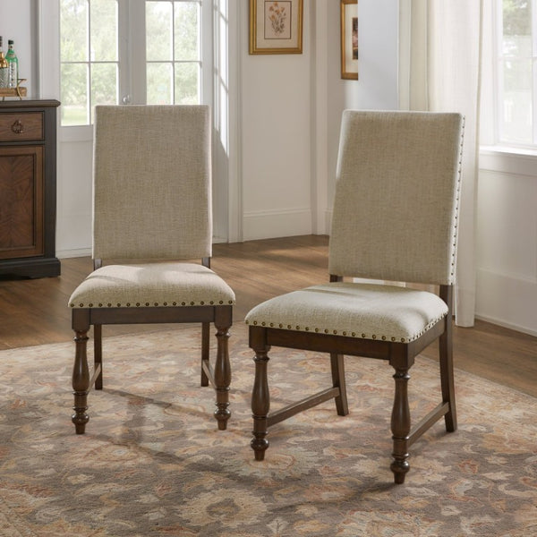 English Elm Side Dining Chairs Set of 8 Oak Veneer Frame Nailhead Trim Beige Upholstered Seats B011P572887