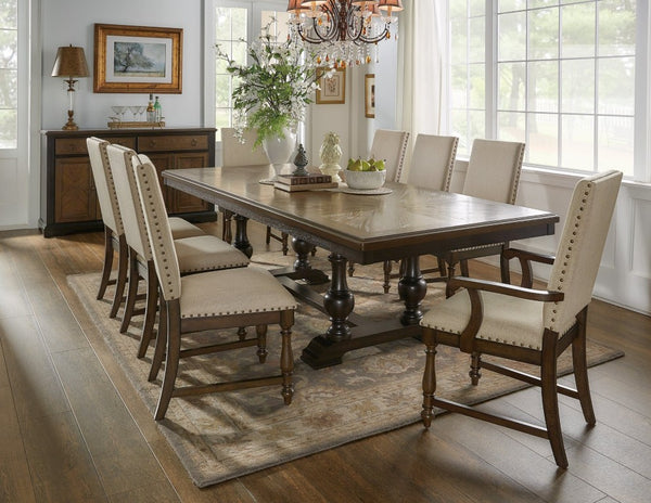 English Elm Side Dining Chairs Set of 8 Oak Veneer Frame Nailhead Trim Beige Upholstered Seats B011P572887
