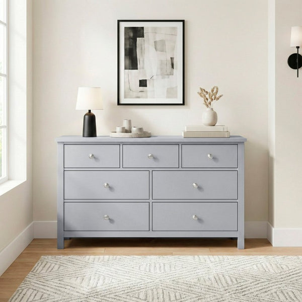 English Elm Dresser Seven Drawer Contemporary Chest with Chrome Knobs for Youth or Coastal Bedroom Gray B011P572956