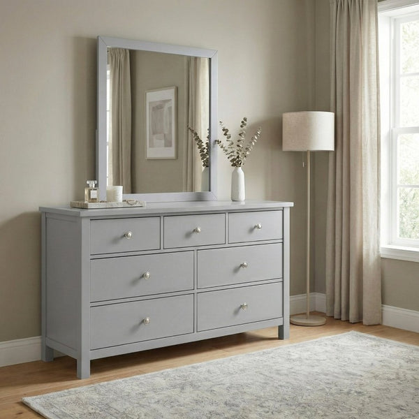 English Elm Dresser Seven Drawer Contemporary Chest with Chrome Knobs for Youth or Coastal Bedroom Gray B011P572956