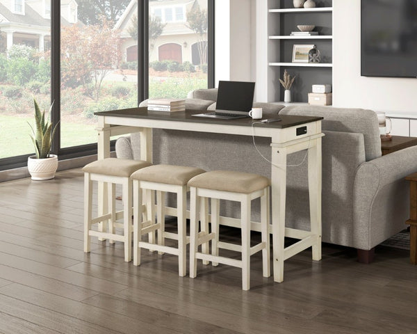 English Elm Counter Height Farmhouse Dining Set with Charging Ports Ash Veneer Table and Stools Beige Engineered Wood B011P573000