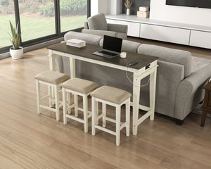English Elm Counter Height Farmhouse Dining Set with Charging Ports Ash Veneer Table and Stools Beige Engineered Wood B011P573000