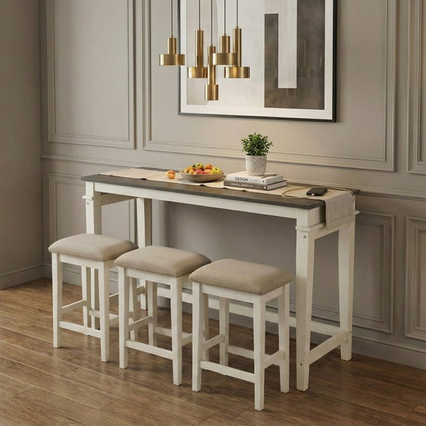 English Elm Counter Height Farmhouse Dining Set with Charging Ports Ash Veneer Table and Stools Beige Engineered Wood B011P573000