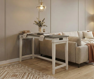 English Elm Counter Height Farmhouse Dining Set with Charging Ports Ash Veneer Table and Stools Beige Engineered Wood B011P573000