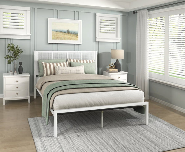 English Elm Bed Eastern King Coastal Platform with Faux Cane Headboard in Airy White Metal White Metal 78.5 L x 83 W x 44 H B011P573006