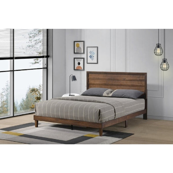 English Elm Brown Rubberwood Queen Platform Bed Solid Slatted Base with Architectural Slat Headboard B011P573018