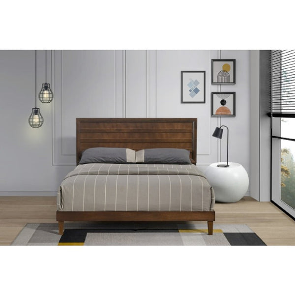 English Elm Brown Rubberwood Queen Platform Bed Solid Slatted Base with Architectural Slat Headboard B011P573018