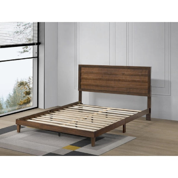 English Elm Brown Rubberwood Queen Platform Bed Solid Slatted Base with Architectural Slat Headboard B011P573018