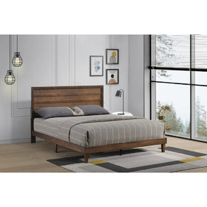 English Elm Brown Rubberwood Queen Platform Bed Solid Slatted Base with Architectural Slat Headboard B011P573018