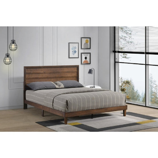 English Elm Brown Rubberwood Queen Platform Bed Solid Slatted Base with Architectural Slat Headboard B011P573018