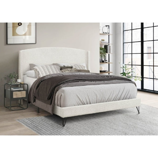 English Elm Boucle Queen Platform Bed Featuring a Sweeping Arc Wingback Headboard for Bedrooms B011P574266