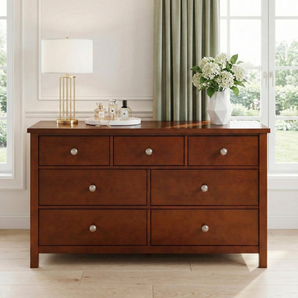 English Elm Dresser Seven Drawer Contemporary Chest with Chrome Knobs for Youth or Coastal Bedroom Cherry B011P574393