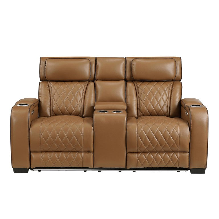 English Elm Power Reclining Loveseat with LED Lighting Console Storage and Diamond Faux Leather B011P574417