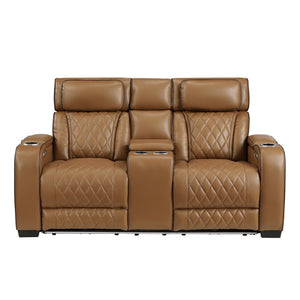 English Elm Power Reclining Loveseat with LED Lighting Console Storage and Diamond Faux Leather B011P574417