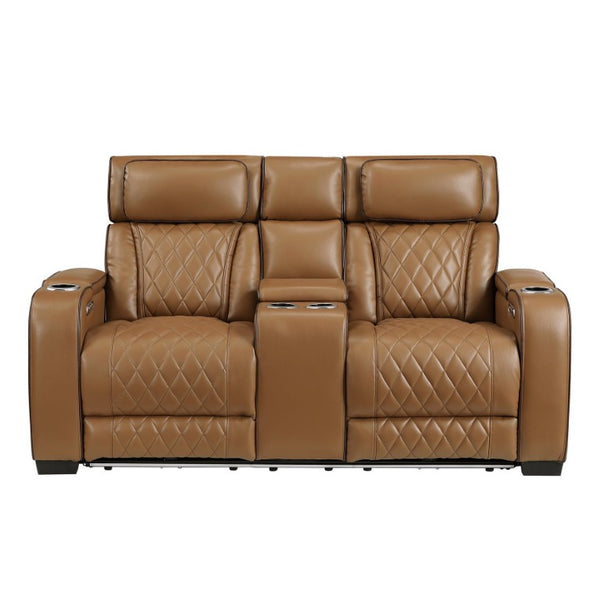 English Elm Power Reclining Loveseat with LED Lighting Console Storage and Diamond Faux Leather B011P574417