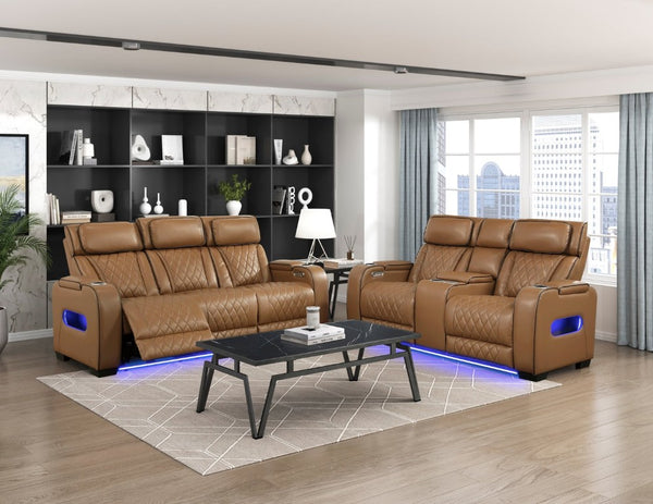 English Elm Power Reclining Loveseat with LED Lighting Console Storage and Diamond Faux Leather B011P574417