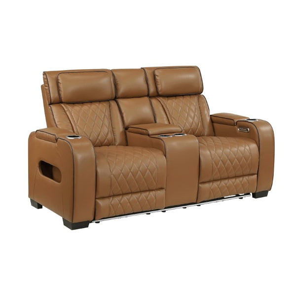 English Elm Power Reclining Loveseat with LED Lighting Console Storage and Diamond Faux Leather B011P574417